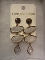 A pair of gold-tone drop earrings with three stacked irregular oval stone-like charms and a teardrop dangling charm, attached to a white display card labeled EURO COLLECTION.
