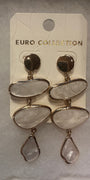 A pair of gold-tone drop earrings with three stacked irregular oval stone-like charms and a teardrop dangling charm, attached to a white display card labeled EURO COLLECTION.