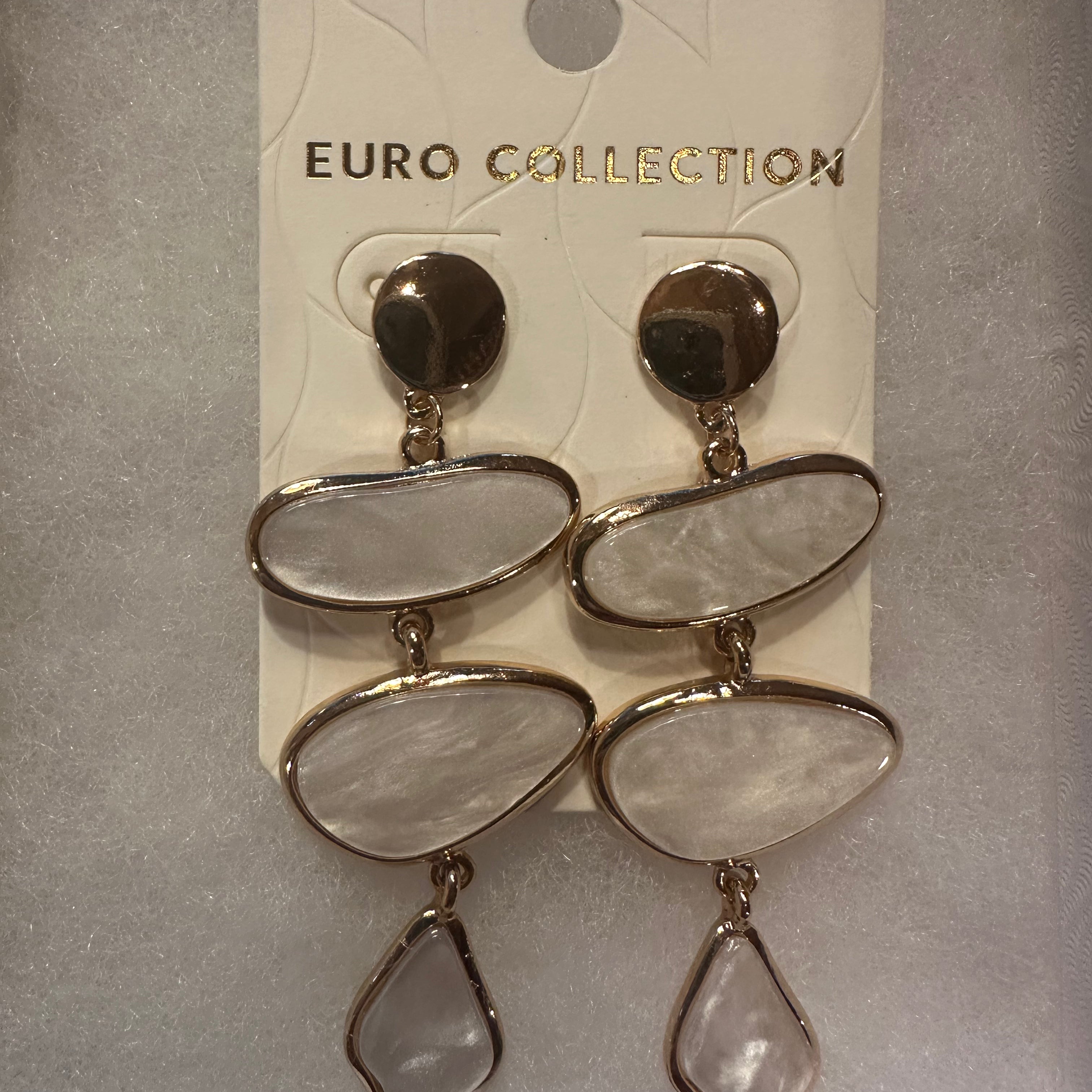 A pair of gold-tone drop earrings with three stacked irregular oval stone-like charms and a teardrop dangling charm, attached to a white display card labeled EURO COLLECTION.