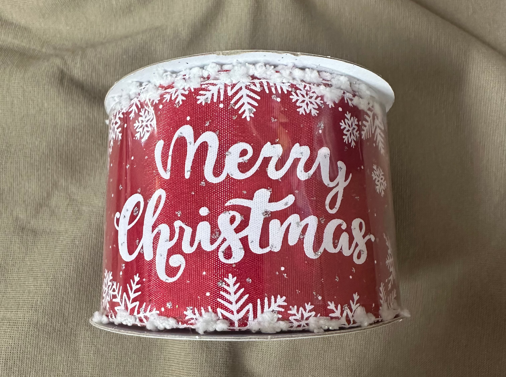 Wired Christmas ribbon, burgundy with white snowflakes and 'Merry Christmas' text