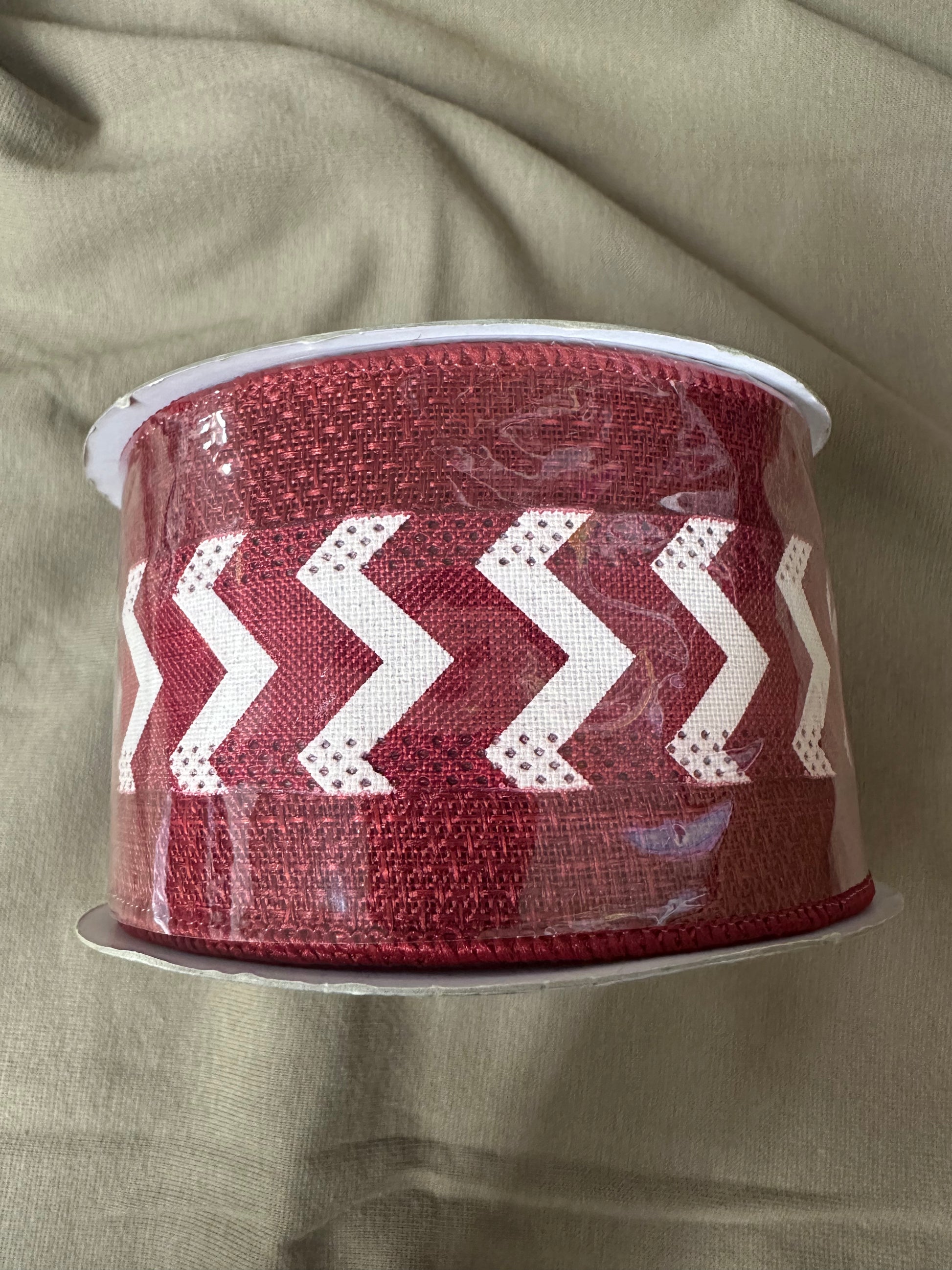 Red and white chevron wired ribbon spool, 2.5-inch x 10 yards