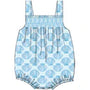 Baby romper with blue seashell pattern on a white background