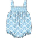 Baby romper with blue seashell pattern on a white background