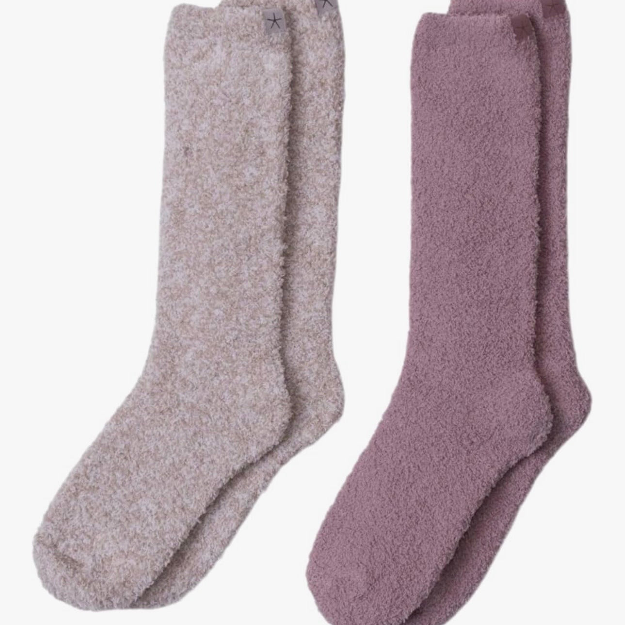 Two pairs of socks, one gray and one purple, on a white background.