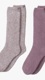 Two pairs of socks, one gray and one purple, on a white background.