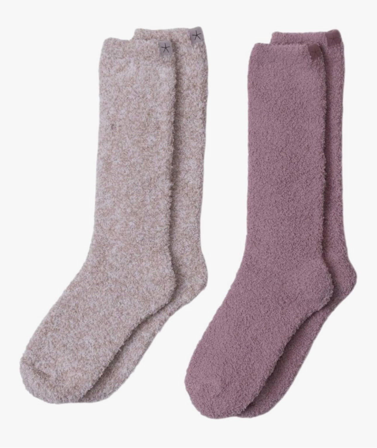 Two pairs of socks, one gray and one purple, on a white background.