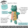 Toy turtle with text detailing features on a white background