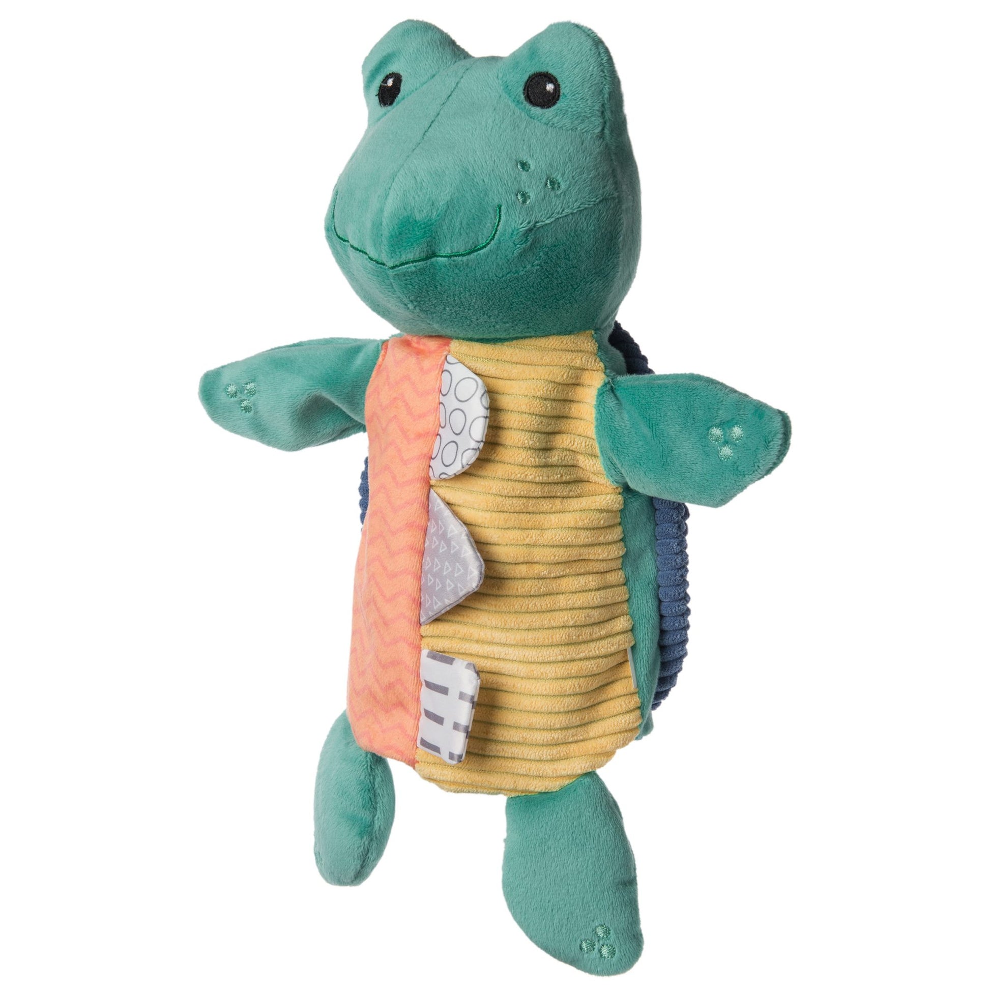 Plush toy turtle with a colorful shell on a white background