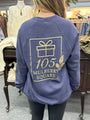 Person wearing a blue hoodie with '105 Mulberry Square' logo.