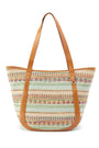 Woven tote bag with brown handle on a white background