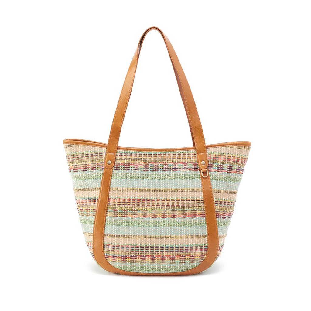 Woven tote bag with brown handle on a white background