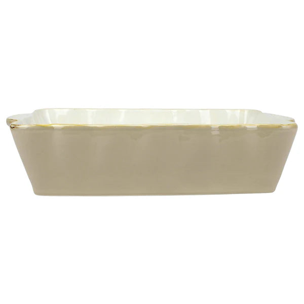 Cappuccino color casserole dish with a wavy edge detail