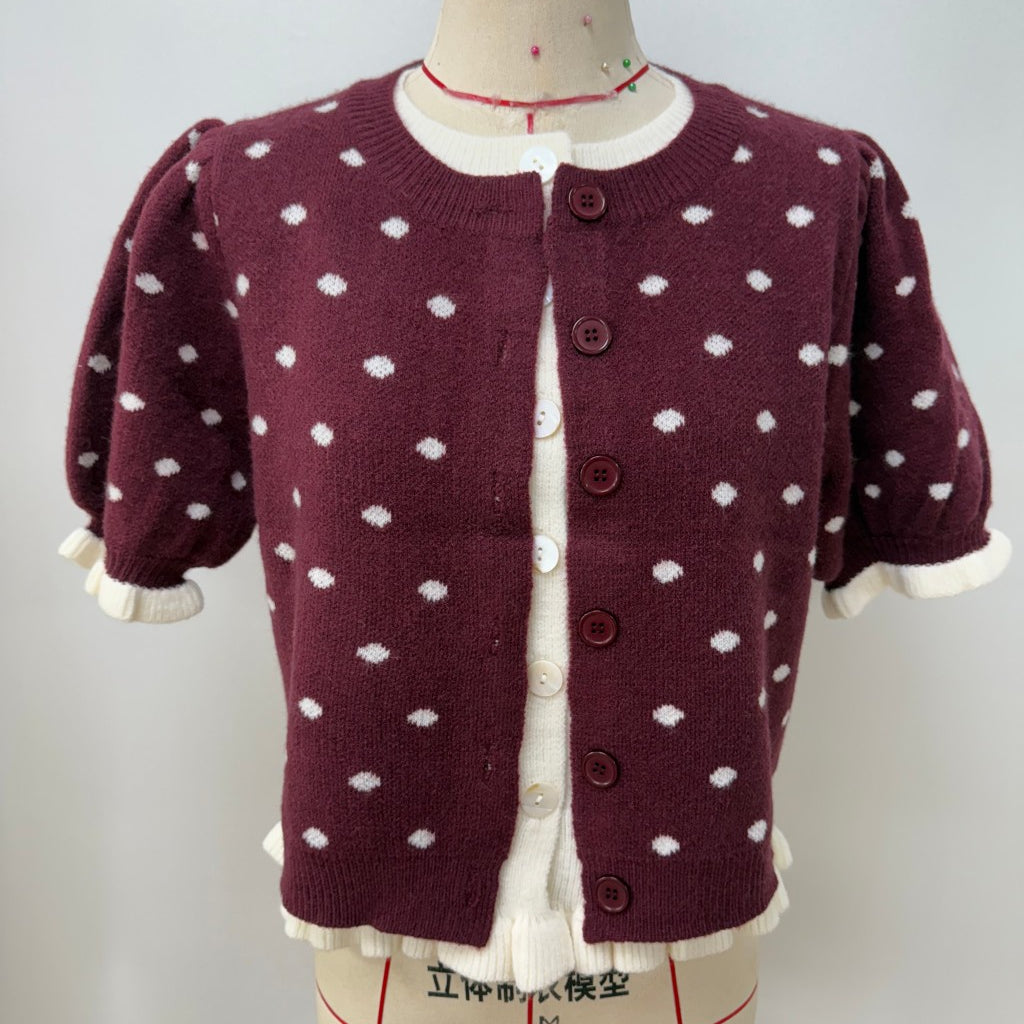 Wine Polka Dot Short Sleeve Cardigan