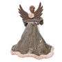 An angel tree topper figurine featuring a brown winged angel with a textured gray-brown gown and a light beige fluffy collar, set against a plain white background.