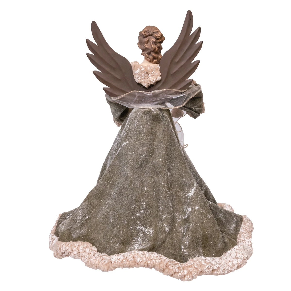 An angel tree topper figurine featuring a brown winged angel with a textured gray-brown gown and a light beige fluffy collar, set against a plain white background.
