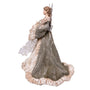 A decorative angel tree ornament featuring a female angel in a long, flowing gray-green gown with beige and white textured fur-like trim, holding a bow and arrow, set against a plain white background.