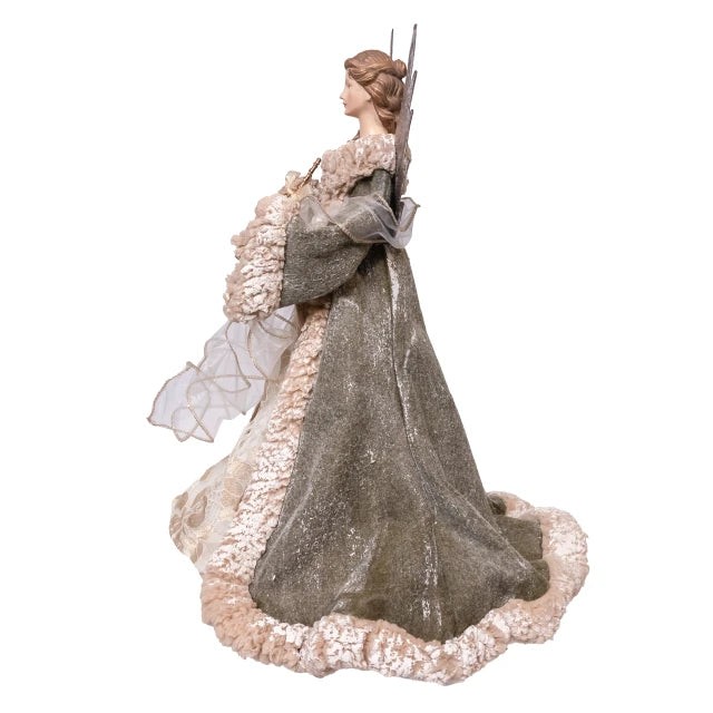 A decorative angel tree ornament featuring a female angel in a long, flowing gray-green gown with beige and white textured fur-like trim, holding a bow and arrow, set against a plain white background.