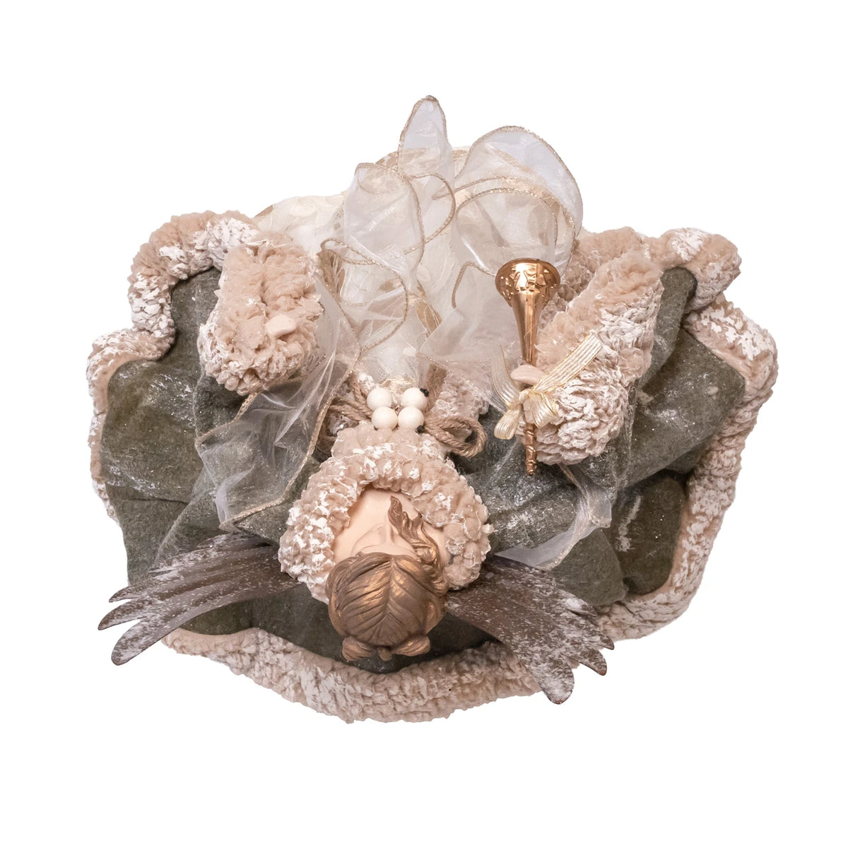 Decorative angel tree topper with silver-gray floral wreath and gold accents