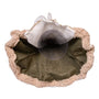 An olive green fabric pouch with a beige sherpa fleece trim and a white fabric lining, featuring a clear plastic insert.