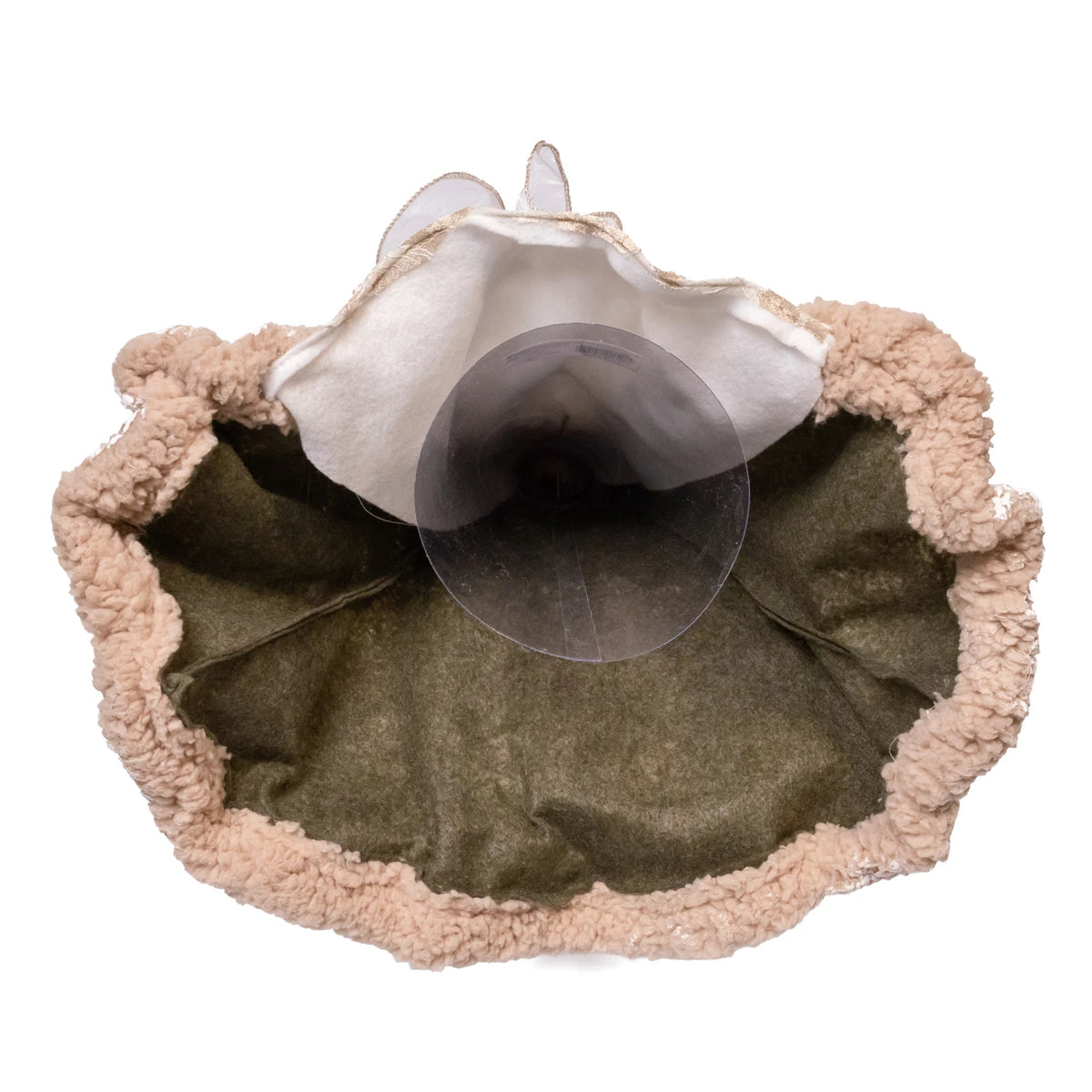 An olive green fabric pouch with a beige sherpa fleece trim and a white fabric lining, featuring a clear plastic insert.