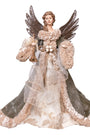 An angel Christmas tree ornament featuring a female angel with brown wings, a beige and white textured gown, and a dark gray cloak, holding a gold trumpet against a white background.
