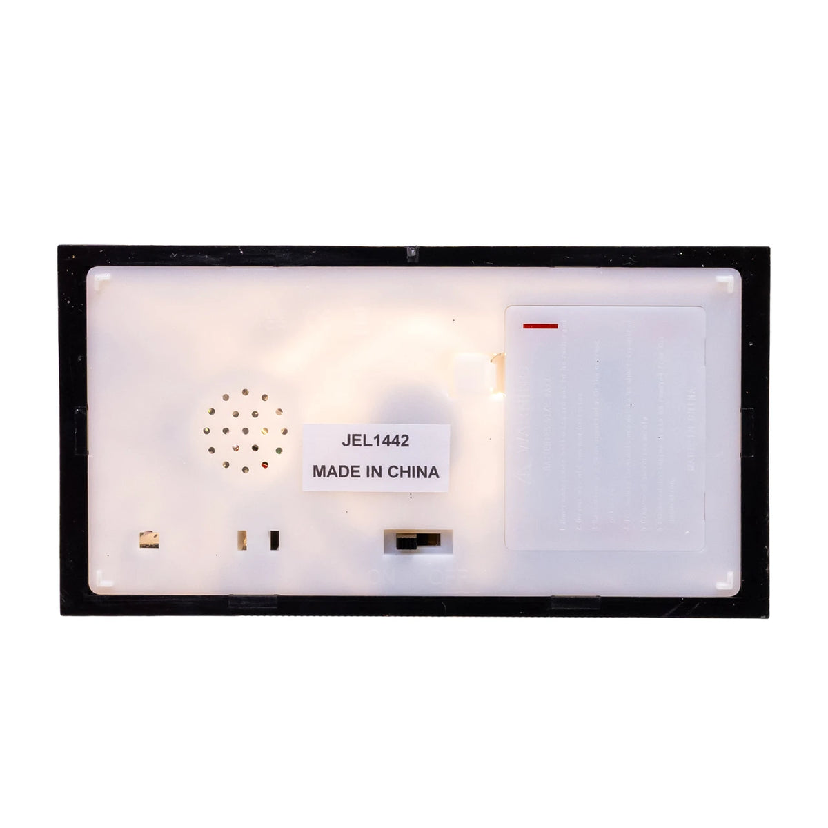 The back view of a rectangular electronic device with a black outer frame and a translucent white backplate, showing internal components, a small label reading 'JEL1442 MADE IN CHINA', and a white connector block.