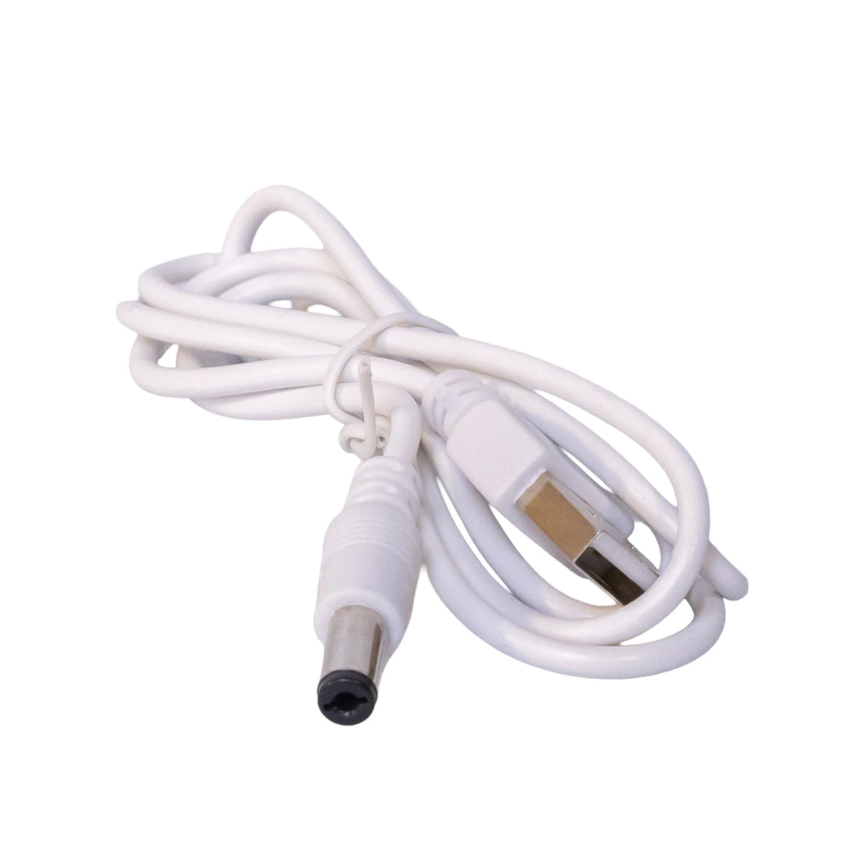 A white coiled USB cable with a barrel connector on one end and a USB-A plug on the other, shown on a plain white background.