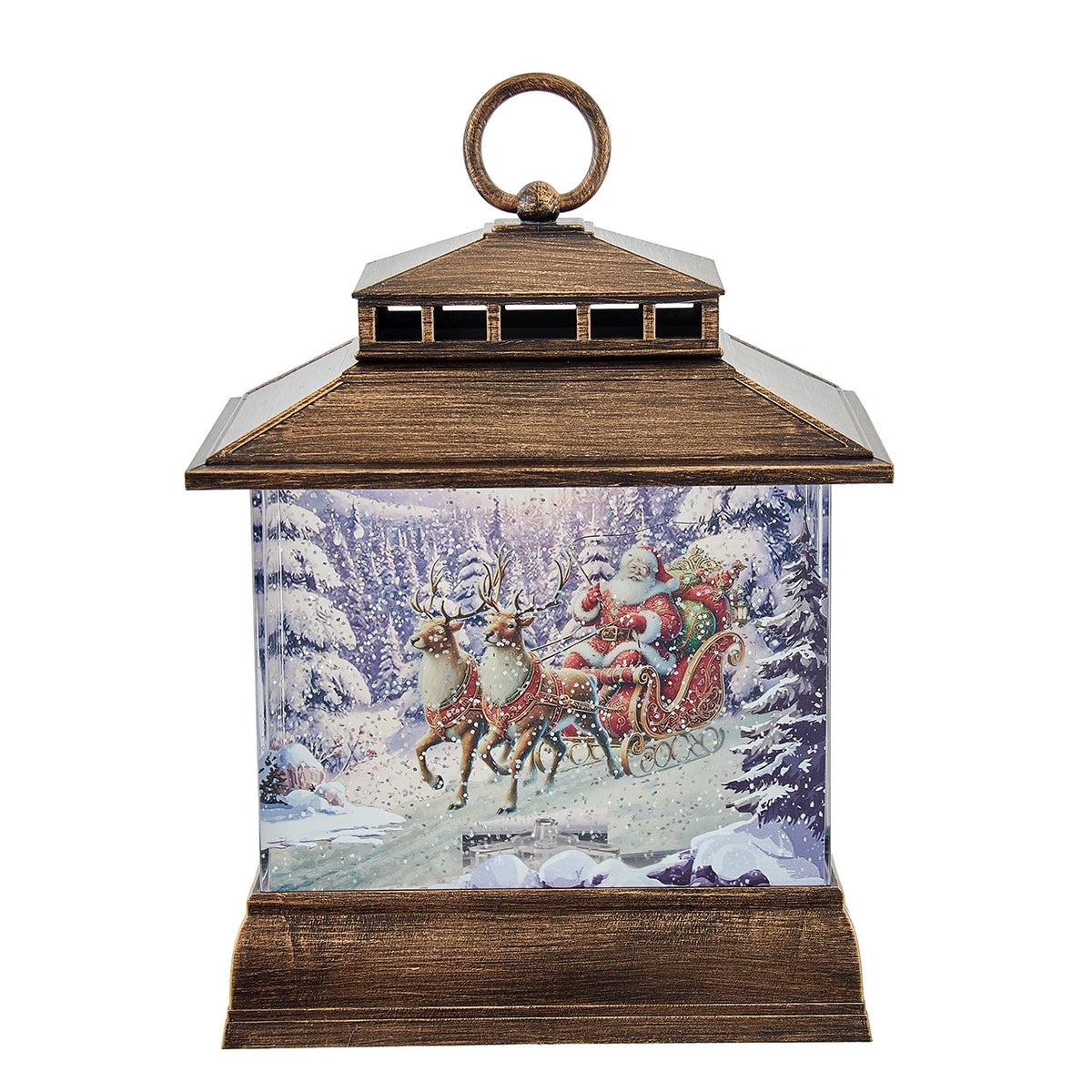 A decorative lantern-shaped Christmas ornament featuring a winter scene with Santa Claus in a sleigh pulled by reindeer, set against a snowy forest. The lantern has a rustic bronze-brown wood-grain frame and a top hanging loop, shown on a plain white background.