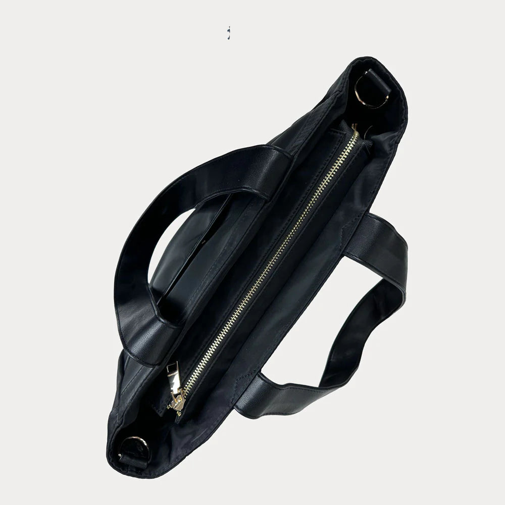 Black bag with a gold zipper on a white background