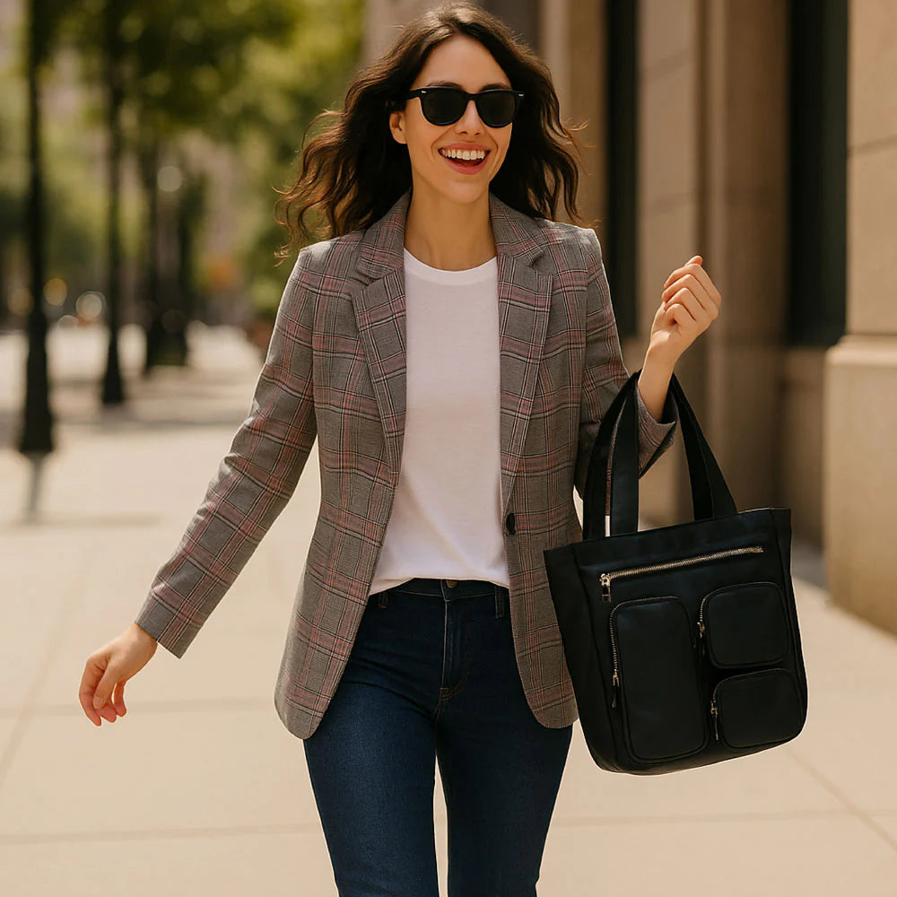 Woman in a plaid blazer and sunglasses holding a black handbag on a city street.