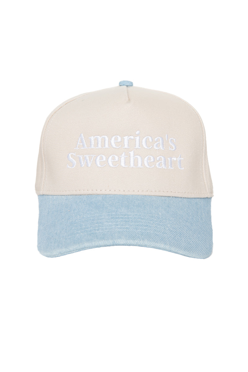 Cap with 'America's Sweetheart' text on a white background