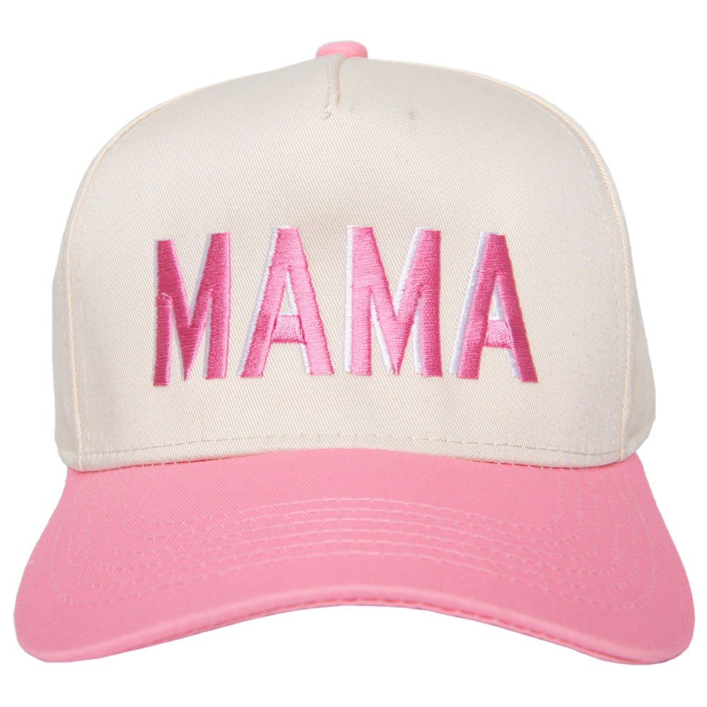 Cap with 'MAMA' embroidered on it, featuring a pink front and white back.