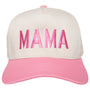 Cap with 'MAMA' embroidered on it, featuring a pink front and white back.