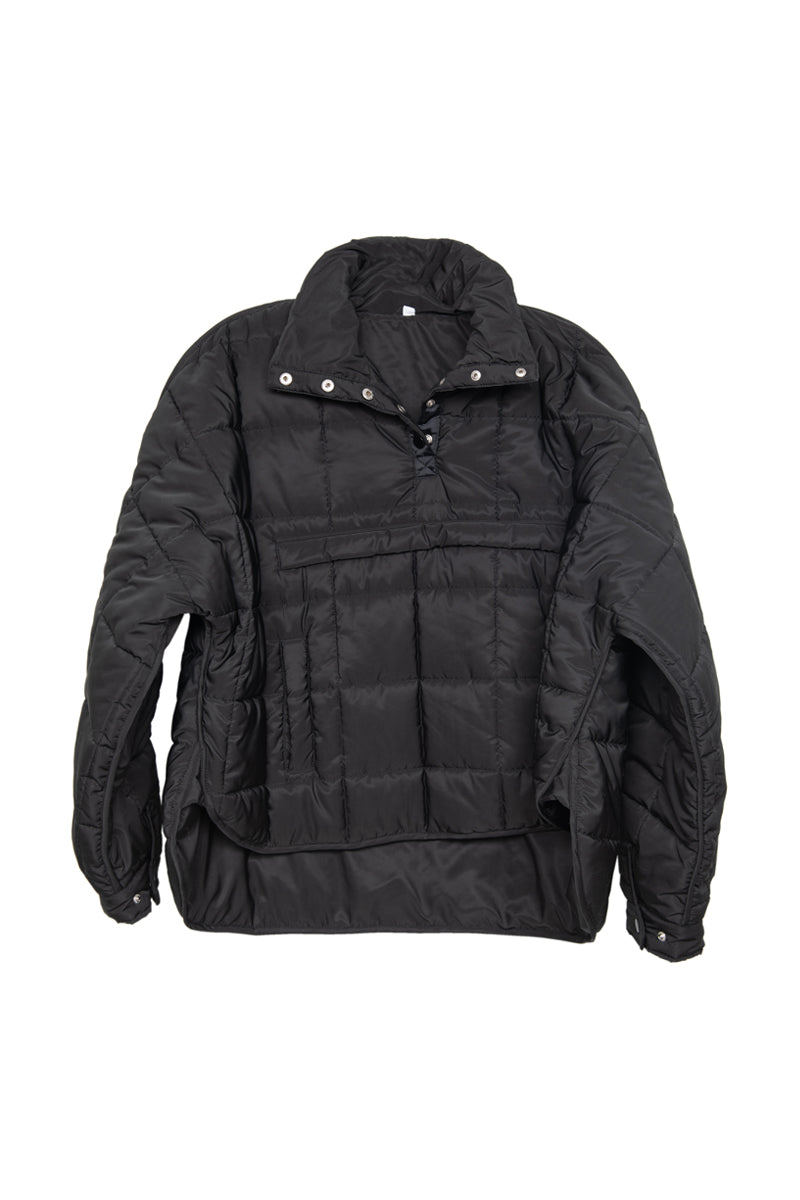 Black quilted jacket on a white background