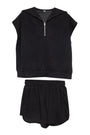Black sleeveless hoodie with zipper and black shorts on a white background