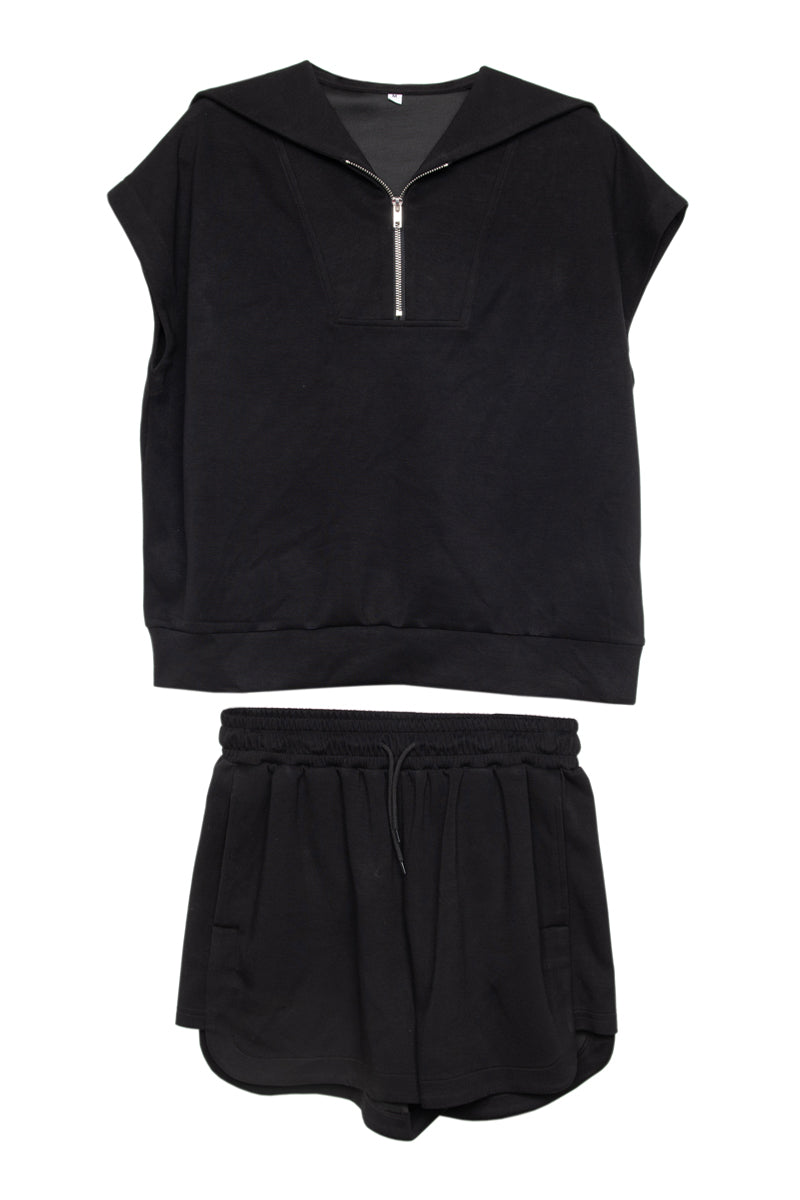 Black sleeveless hoodie with zipper and black shorts on a white background