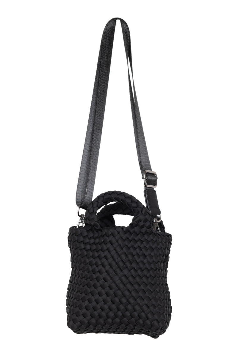 Black textured handbag with a strap on a white background