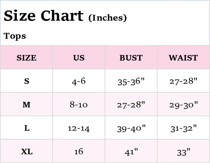 Size chart for tops in inches with US, bust, and waist measurements.