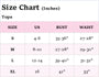 Size chart for tops in inches with US, bust, and waist measurements.