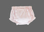A pair of light pink baby bloomers with a gathered elastic waistband and ruffled trim, shown against a solid gray background.