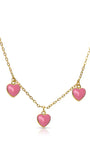 Gold necklace with pink heart-shaped pendants on a white background