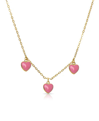 Gold necklace with pink heart-shaped pendants on a white background