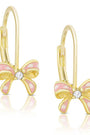 Gold bow-shaped earrings with pink enamel and a diamond on a white background