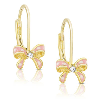 Gold bow-shaped earrings with pink enamel and a diamond on a white background