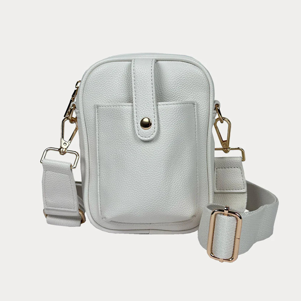 Light gray crossbody bag with gold accents on a white background
