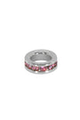 Silver ring with pink gemstones on a white background