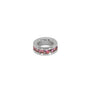 Silver ring with pink gemstones on a white background