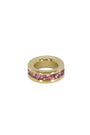 Gold ring with pink gemstones on a white background