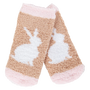Pair of fuzzy socks with bunny design on a white background