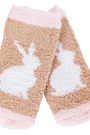 Pair of fuzzy socks with bunny design on a white background